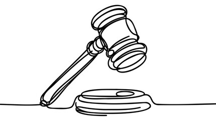 Judge's gavel continuous one line drawing minimalism design isolated on white background