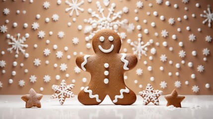  a close up of a ginger on a table with snowflakes and snowflakes in the background.