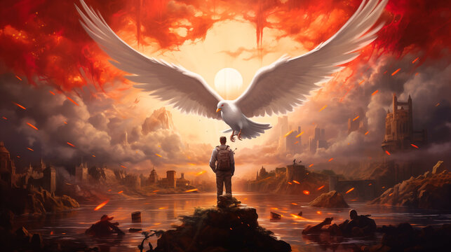 Pray for peace, man and dove as symbol of peace, stop war