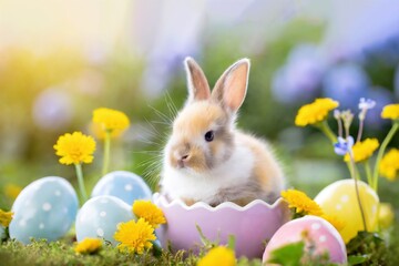 Obraz premium Osterhase sitzt im halben Osterei im Hintergrund eine grüne Wiese im Frühling 