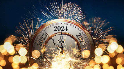Vintage gold clock New Year 2024 with golden bokeh lights, sparkler and fireworks. New Year 2024 card, creative idea. Christmas - obrazy, fototapety, plakaty