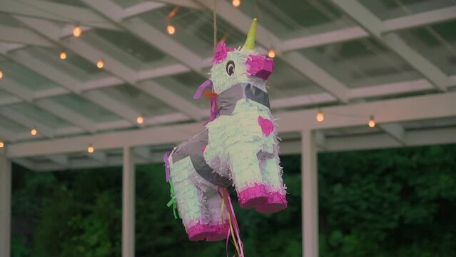 Bright colourful donkey pinata hanging at the party.