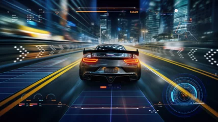 Foto op Canvas street racing AAA videogame gameplay with information datum design for console or web 3.0 playing to earn gaming crypto tokens and cryptocurrency project future as wide banner UI © sizsus