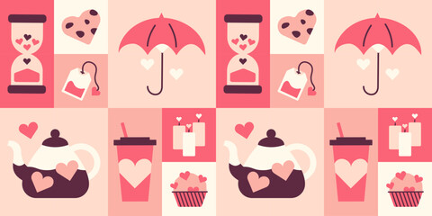 Square Pattern of items for Valentine Day. Festive love print. Hourglass, umbrella. Heart shaped cookies, cupcake. Kettle, tea bag and cup of coffee. Candles. Sweets. Color image. Vector illustration. - obrazy, fototapety, plakaty