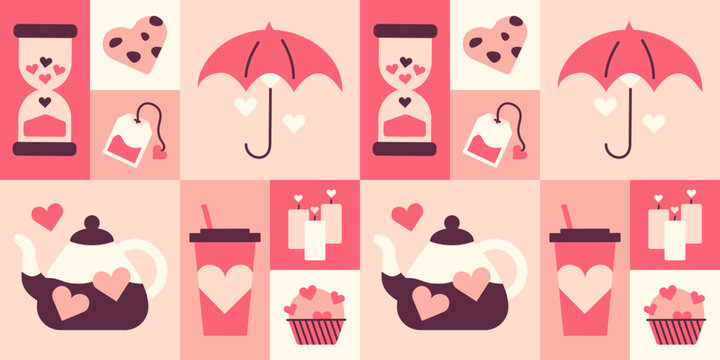 Square Pattern of items for Valentine Day. Festive love print. Hourglass, umbrella. Heart shaped cookies, cupcake. Kettle, tea bag and cup of coffee. Candles. Sweets. Color image. Vector illustration.