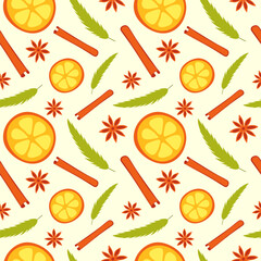 Piece of orange, cinnamon, Christmas tree. Seamless Christmas spice pattern. Citrus, star anise, cinnamon stick. New Year holiday print. Coniferous branch and fruit. Color image. Vector illustration