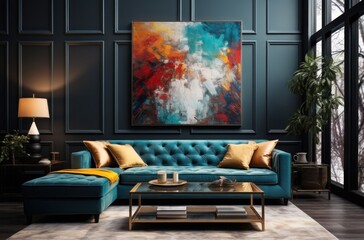a bright living room with blue furniture and a large painting in the background