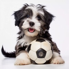 Cute happy havanese puppy dog ​​playing with soccer ball toy and looking at camera isolated on white background, AI generator