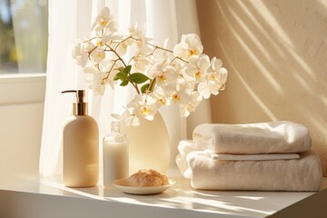 Fototapeta na wymiar a bathroom with towels, soap, and a white vase