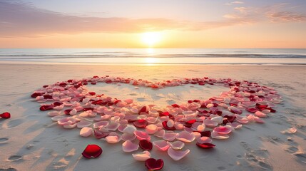 A romantic valentine tableau with red rose petals creating a heart shape on a pristine, white sandy beach.  - obrazy, fototapety, plakaty