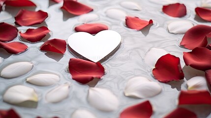 Red rose petals gently falling on a polished marble surface. Wedding, valentines, card, wallpaper texture. 