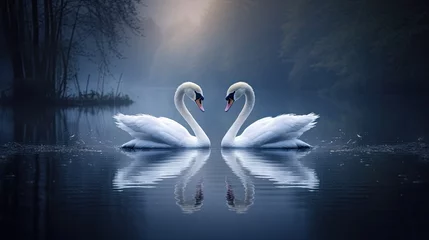 Rolgordijnen Two graceful swans on a serene and moonlit lake. Wedding, valentines, romantic background.  © Dannchez