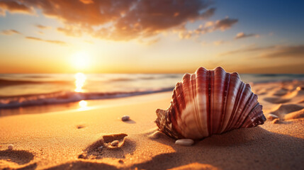 A seashell on a sandy beach with the sun shining in morning - obrazy, fototapety, plakaty