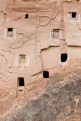decorated pigeon houses cut into volcanic rock, Zelve Open Air Museum, Cappadocia, Turkey