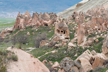 ancient settlements with cave dwellings in Zelve valley, Cappadocia, Turkey