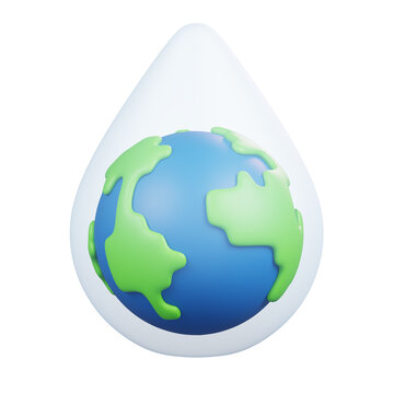 Planet earth globe inside water drop isolated. World water day icon concept. 3D Render cartoon style.