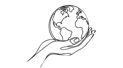 Single one line drawing of hands hold round earth. Globe icon silhouette for world protect concept.