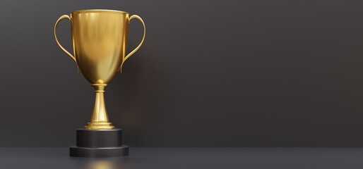 Gold trophy cup dual handle on empty grey background. Shiny metallic reward. Copy space. 3d render