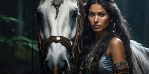 A beautiful woman with long hair and a horse. Generative AI.