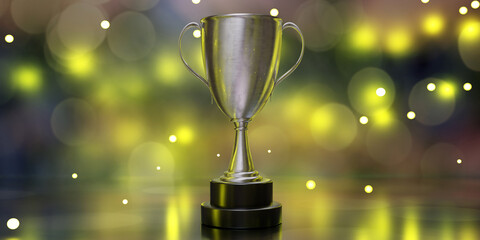 Silver trophy cup dual handle on bokeh background. A reminder of a specific achievement. 3d render