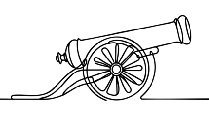 Fotobehang Een lijn Cannon one line drawing. Cannon continuous line. Army warfare equipment in battlefield one line concept