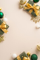 Luxury and festive allure in holiday setting. Vertical top view of gifts adorned with ribbons,...