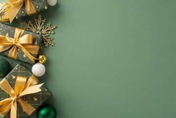 Elegant New Year composition. Top-view artfully wrapped gifts, deluxe baubles, intricate snowflake...
