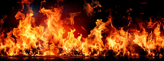 Fire flames isolated on black background. Realistic fire flames texture.