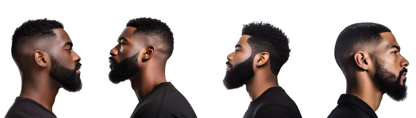 Set of stylish black man with beard: business black man at barber shop, side view, Isolated on Transparent Background, PNG - obrazy, fototapety, plakaty