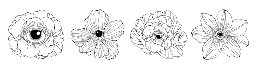 Minimalist linear flowers. Doodle peony daffodil flower with eye inside bud, nature floral elements tattoo sketch. Vector set