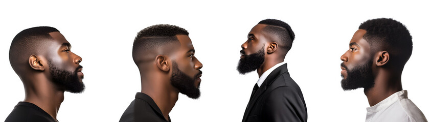 Set of classy black man with beard: business black man at barber shop, side view, Isolated on Transparent Background, PNG - obrazy, fototapety, plakaty