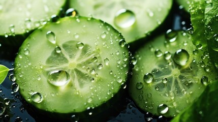  a close up of a bunch of cucumbers with drops of water on the leaves of the cucumber.