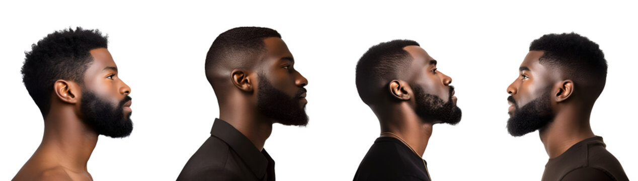 Set Of Distinguished Black Man With Beard: Business Black Man At Barber Shop, Side View, Isolated On Transparent Background, PNG