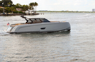 High-end motor boat cruising past Dilido Island,Miami Beach,Florida.