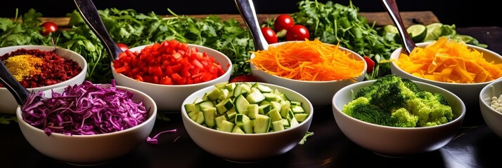 Colorful salad preparation. Bright colors of vegetables cut and prepared for salad