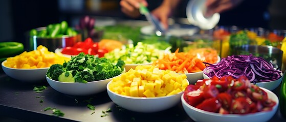 Colorful salad preparation. Bright colors of vegetables cut and prepared for salad