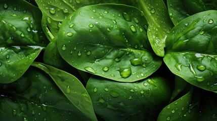  a group of green leaves with drops of water on them, all on top of each other, with a dark background.