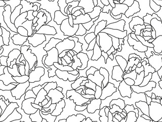 Seamless white and black floral pattern. Botanical drawing. Peony sketch. Vector line drawn leaves and flowers branches. Vector flowers.