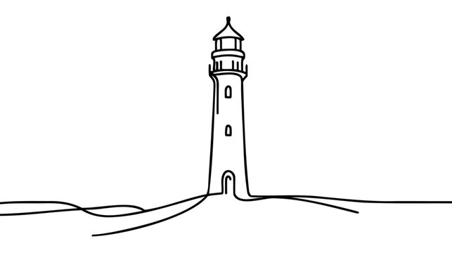 Continuous one simple single abstract line drawing of lighthouse icon in silhouette on a white background.