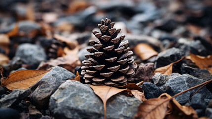   A small pine cone sitting on top of a rock in the middle - Powered by Adobe