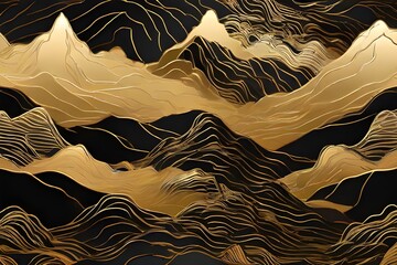 Mountain line art background, luxury gold wallpaper design for cover, invitation background, packaging design, wall art and print. Generative ai