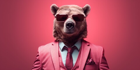Cool bear in a pink business suit on a pink background. Generative AI