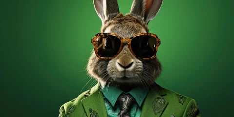 Foto op Aluminium Stylish and fashionable hare or rabbit in a business suit on a green background, Generative AI © 22_monkeyzzz