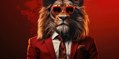 Stylish and fashionable Leo in a business suit on a red background, space for text