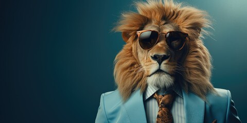 Stylish lion in an elegant business suit on a blue background. Generative AI - obrazy, fototapety, plakaty