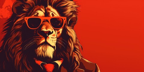 Stylish and fashionable Leo in a business suit on a red background, space for text. Generative AI - obrazy, fototapety, plakaty
