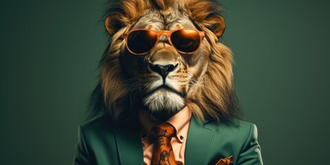 Lion in a business suit on a green background, space for text. Generative AI
