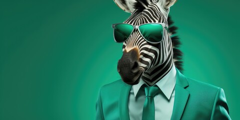 Cool and stylish zebra on a green background in a business suit and glasses. Generative AI