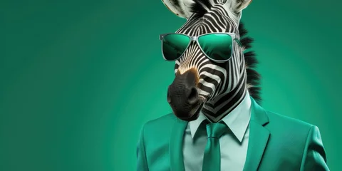 Fototapeten Cool and stylish zebra on a green background in a business suit and glasses. Generative AI © 22_monkeyzzz