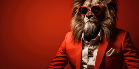 Cool and stylish lion on a red background in a business suit. Place for text. Generative AI